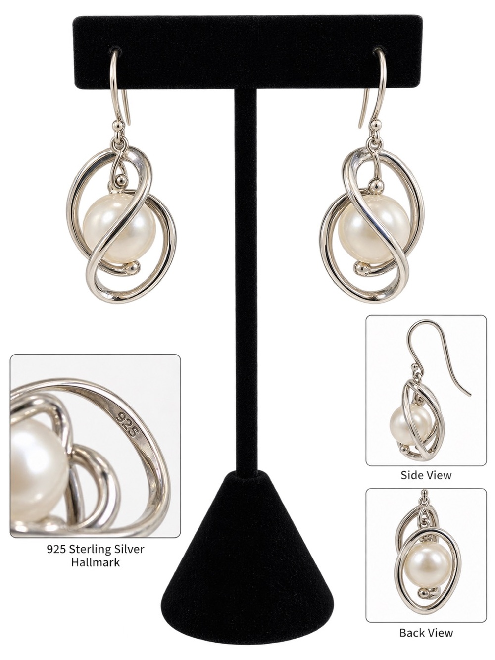 925 Sterling Silver Pearl Swirl Dangle Drop Earrings